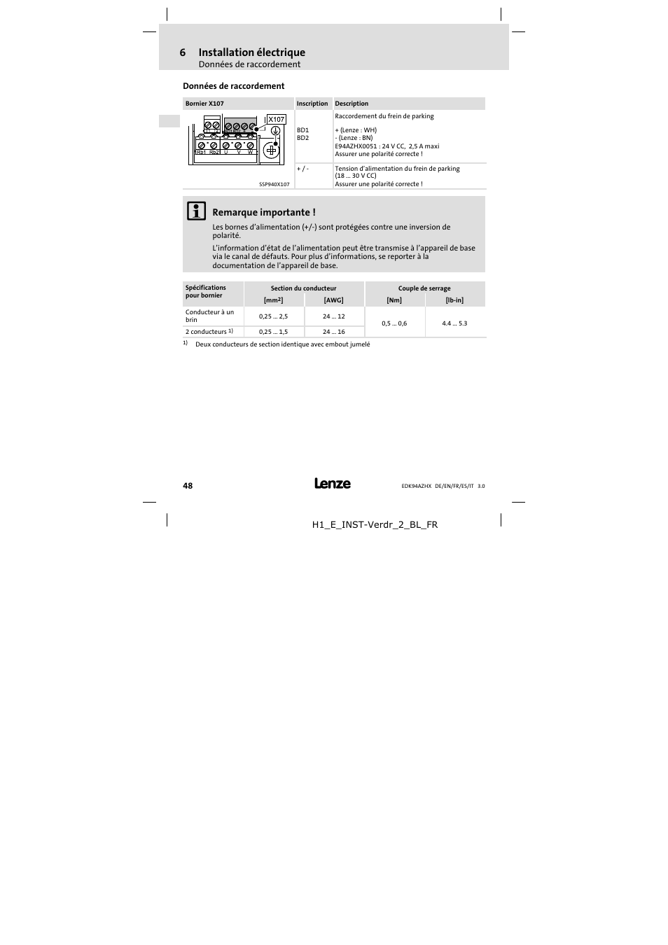 Données de raccordement, 6installation électrique, Remarque importante | Lenze E94AZHX0051 User Manual | Page 48 / 88
