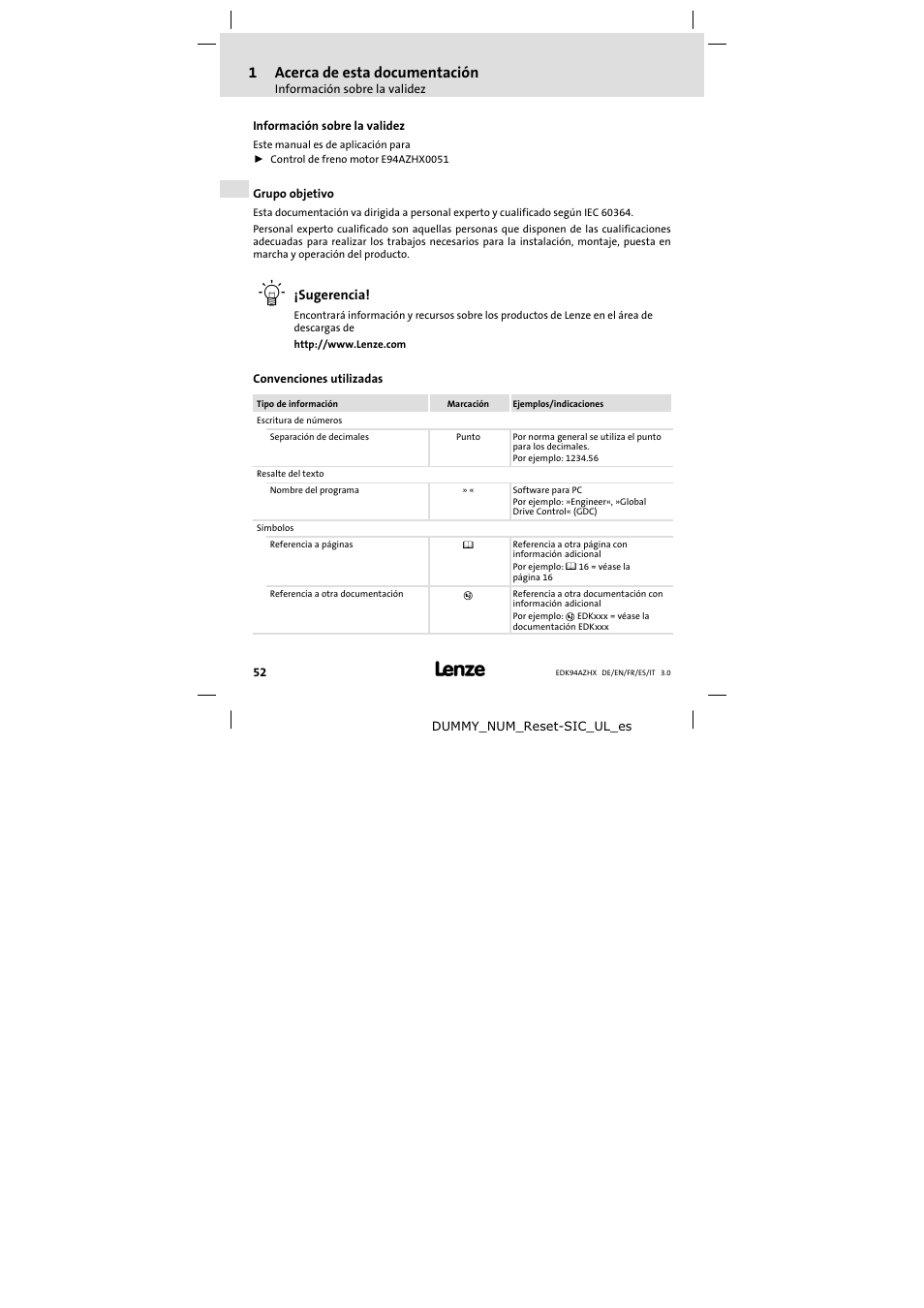 Acerca de esta documentación, Información sobre la validez, Grupo objetivo | Convenciones utilizadas, 1acerca de esta documentación | Lenze E94AZHX0051 User Manual | Page 52 / 88