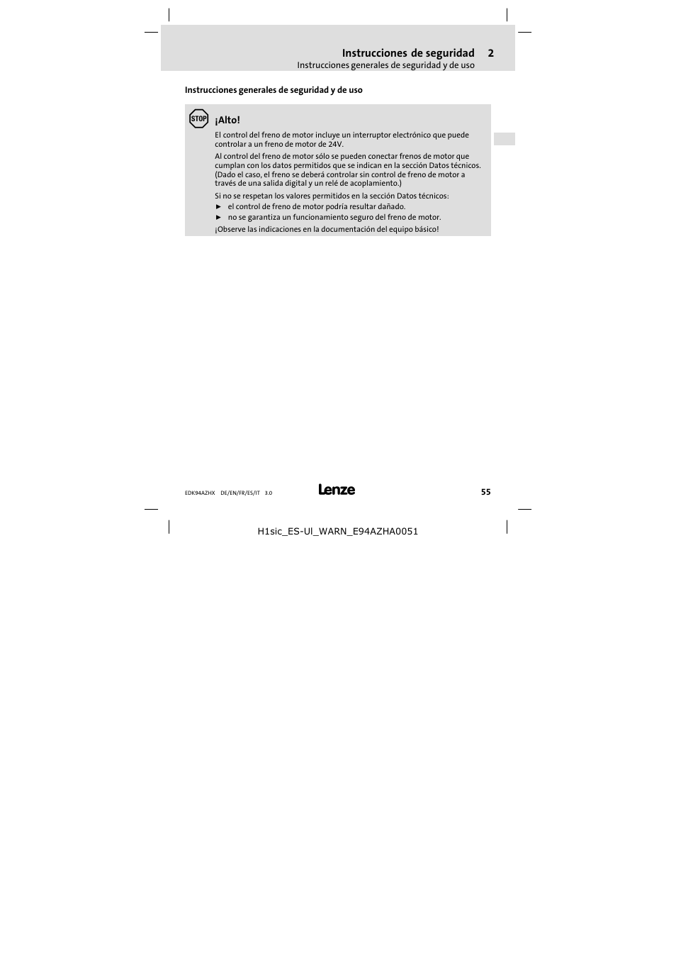 Instrucciones de seguridad, Instrucciones generales de seguridad y de uso | Lenze E94AZHX0051 User Manual | Page 55 / 88