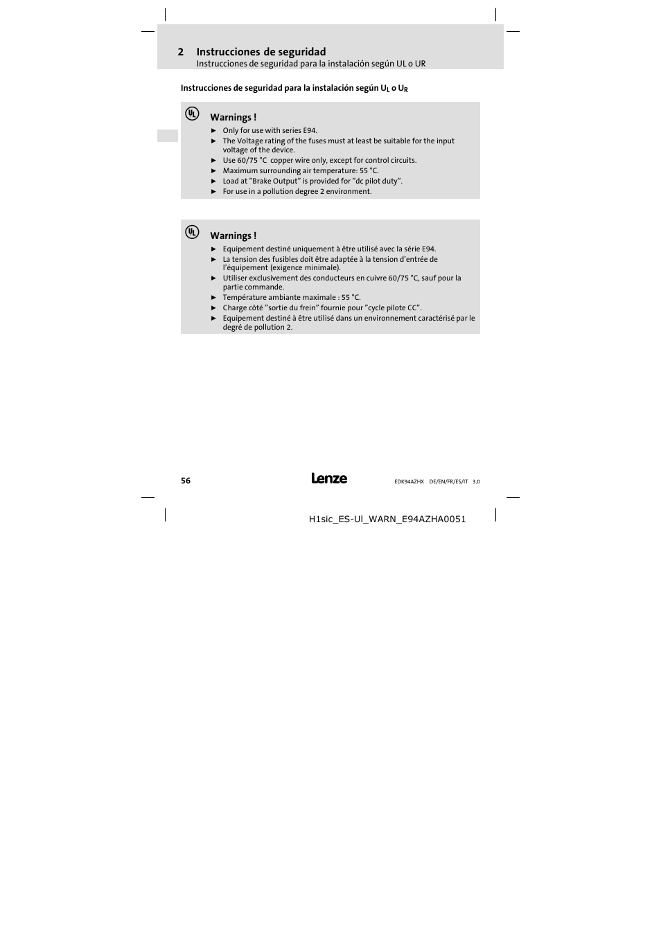 2instrucciones de seguridad | Lenze E94AZHX0051 User Manual | Page 56 / 88