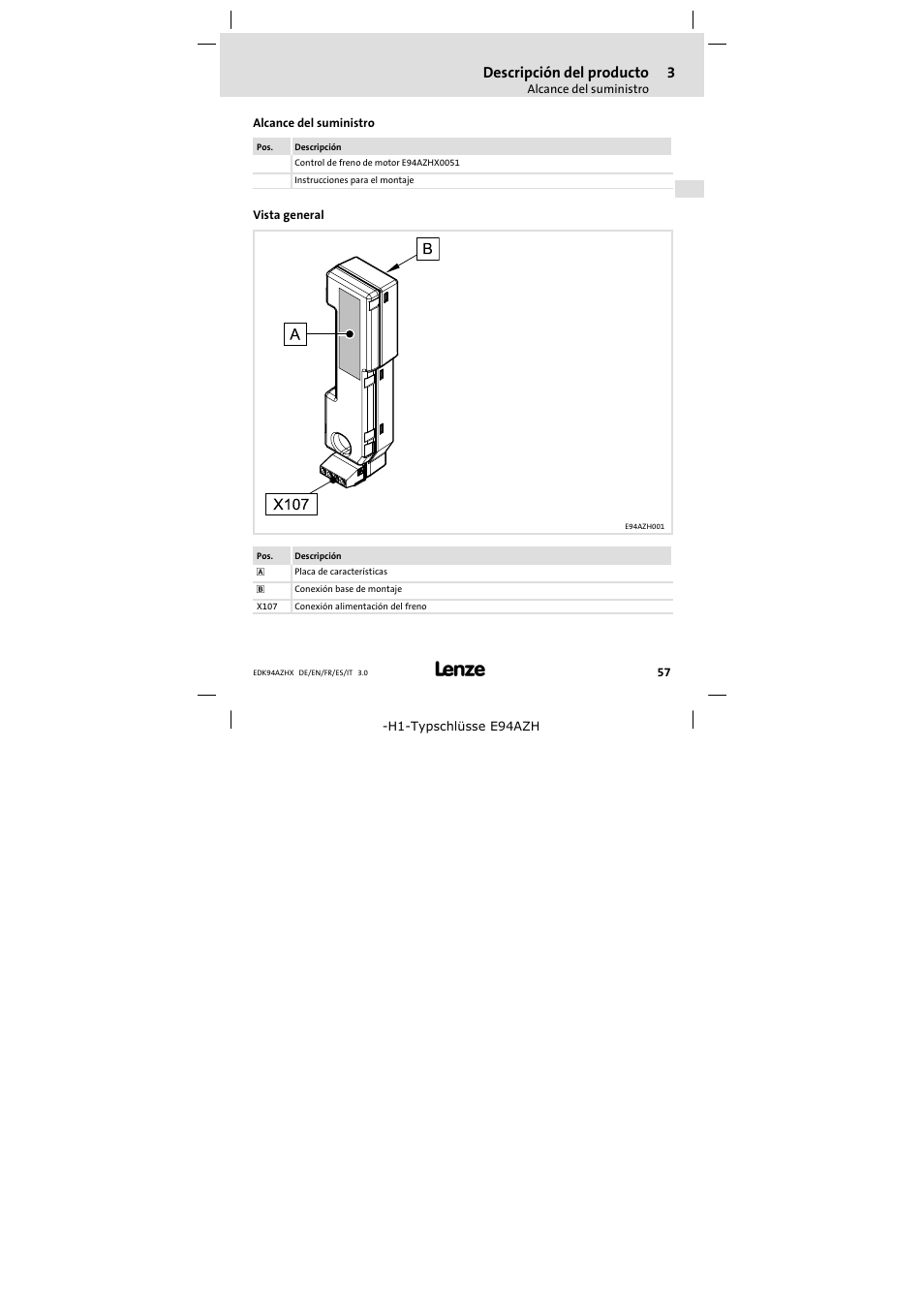 Descripción del producto, Alcance del suministro, Vista general | Lenze E94AZHX0051 User Manual | Page 57 / 88