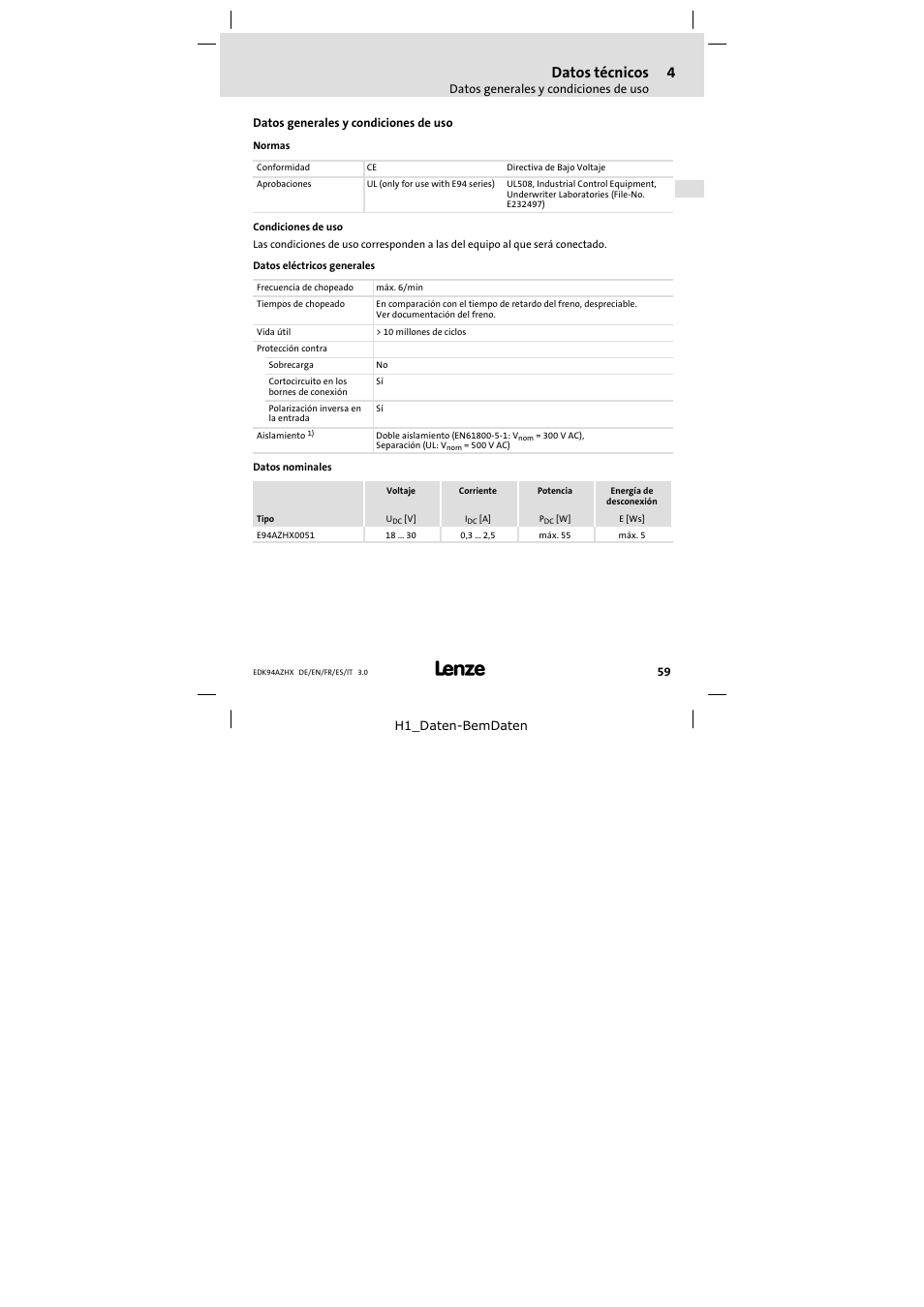 Datos técnicos, Datos generales y condiciones de uso | Lenze E94AZHX0051 User Manual | Page 59 / 88