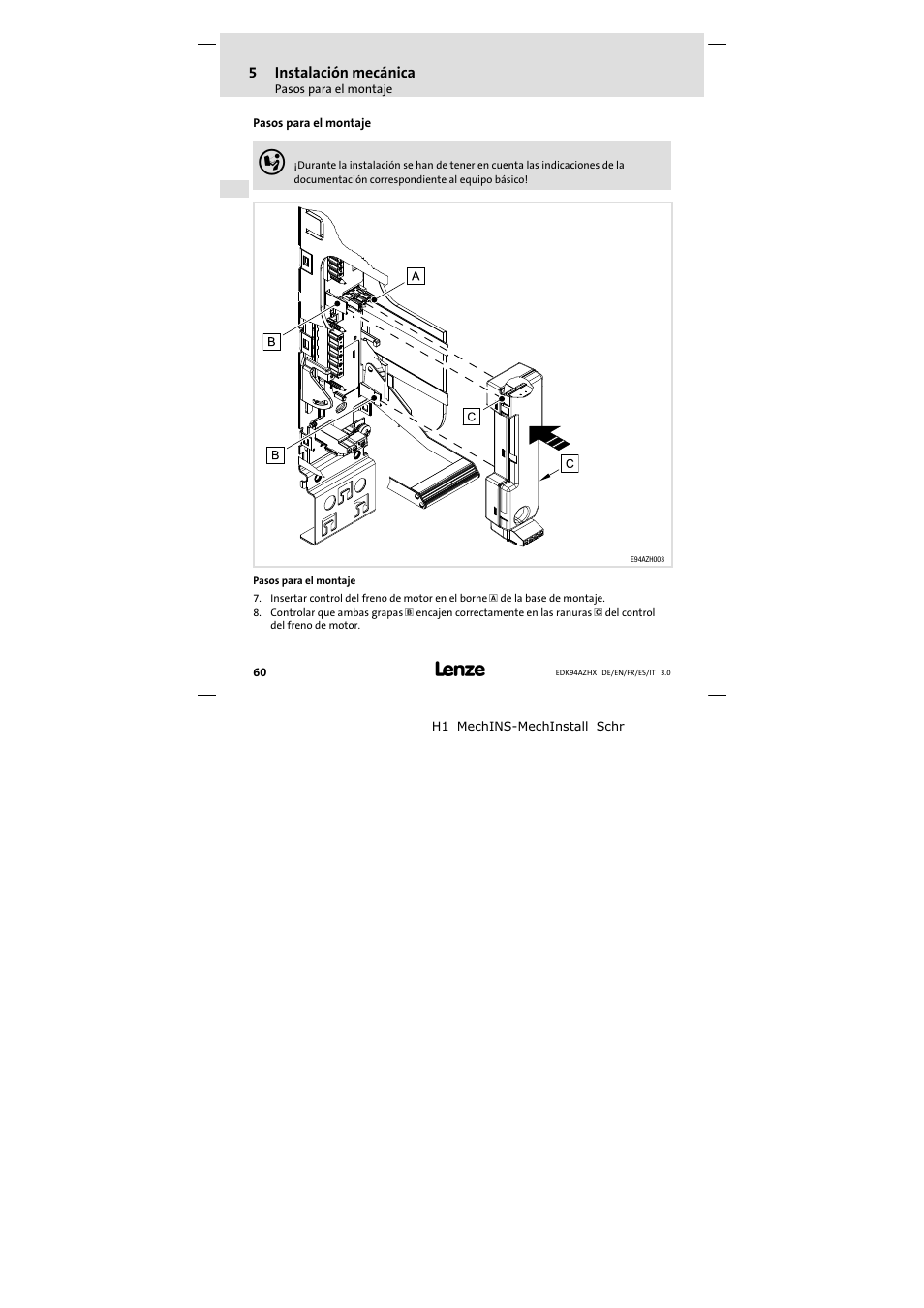 Instalación mecánica, Pasos para el montaje, 5instalación mecánica | Lenze E94AZHX0051 User Manual | Page 60 / 88