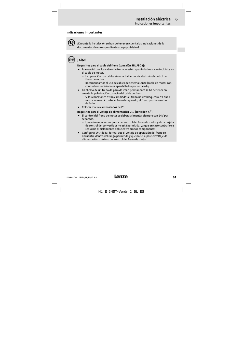 Instalación eléctrica, Indicaciones importantes | Lenze E94AZHX0051 User Manual | Page 61 / 88