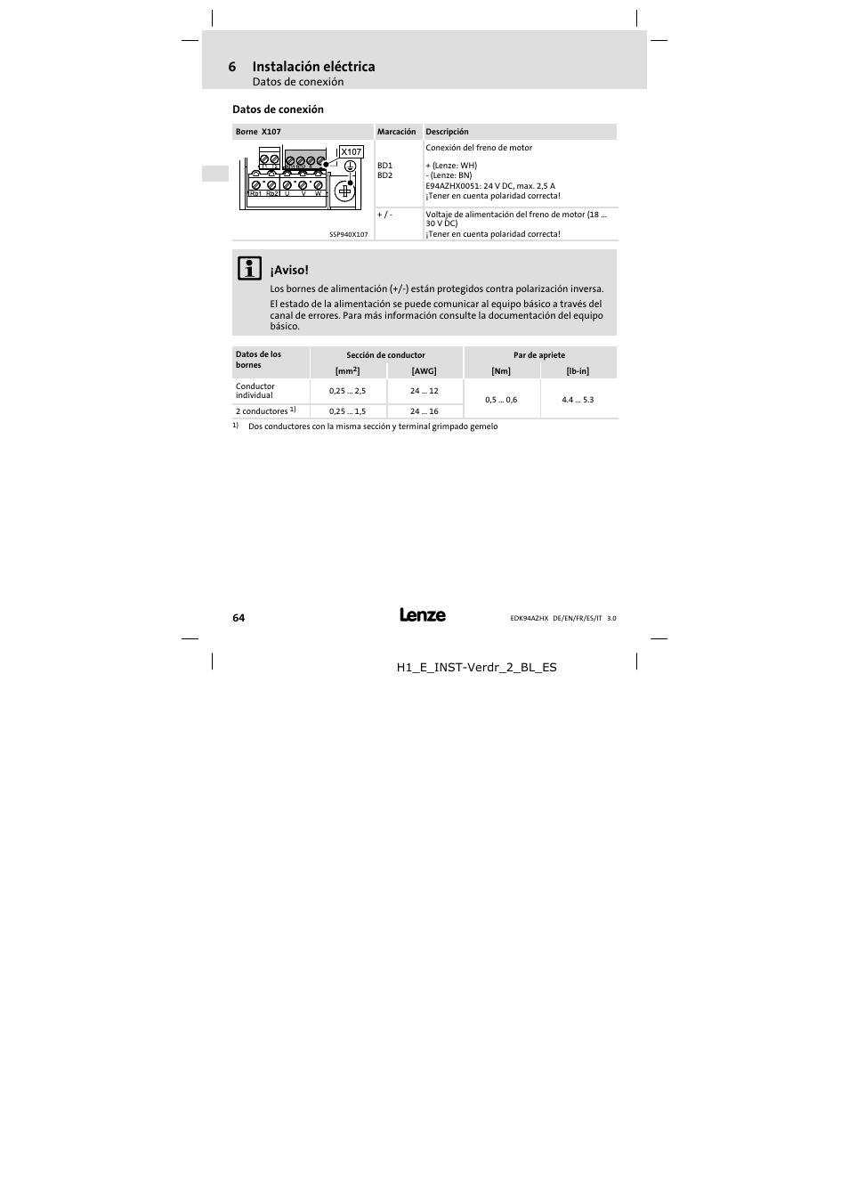 Datos de conexión, 6instalación eléctrica, Aviso | Lenze E94AZHX0051 User Manual | Page 64 / 88