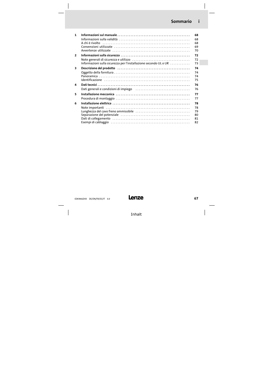 Sommario i | Lenze E94AZHX0051 User Manual | Page 67 / 88