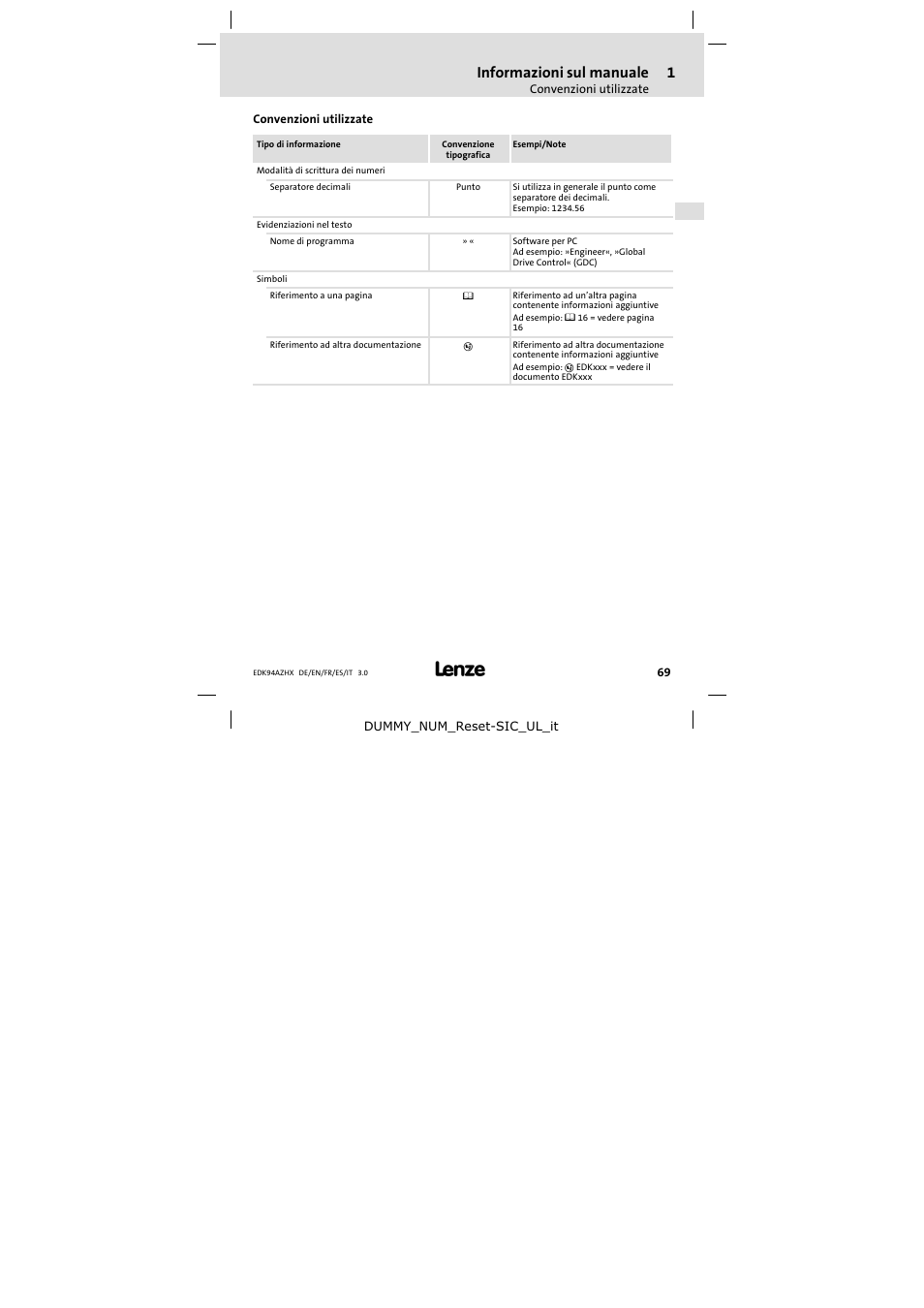 Convenzioni utilizzate, Informazioni sul manuale | Lenze E94AZHX0051 User Manual | Page 69 / 88