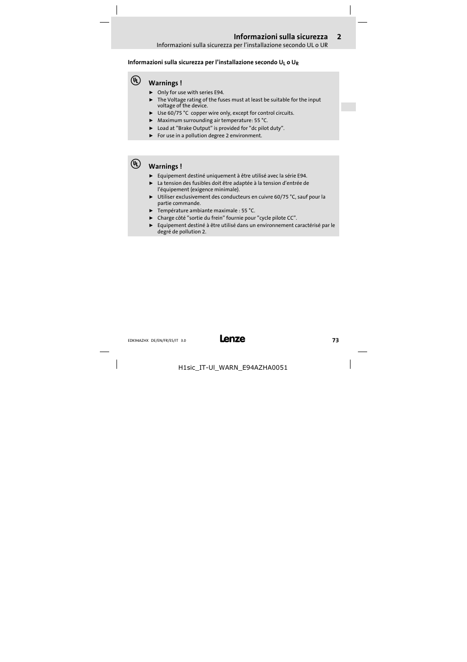 Informazioni sulla sicurezza | Lenze E94AZHX0051 User Manual | Page 73 / 88