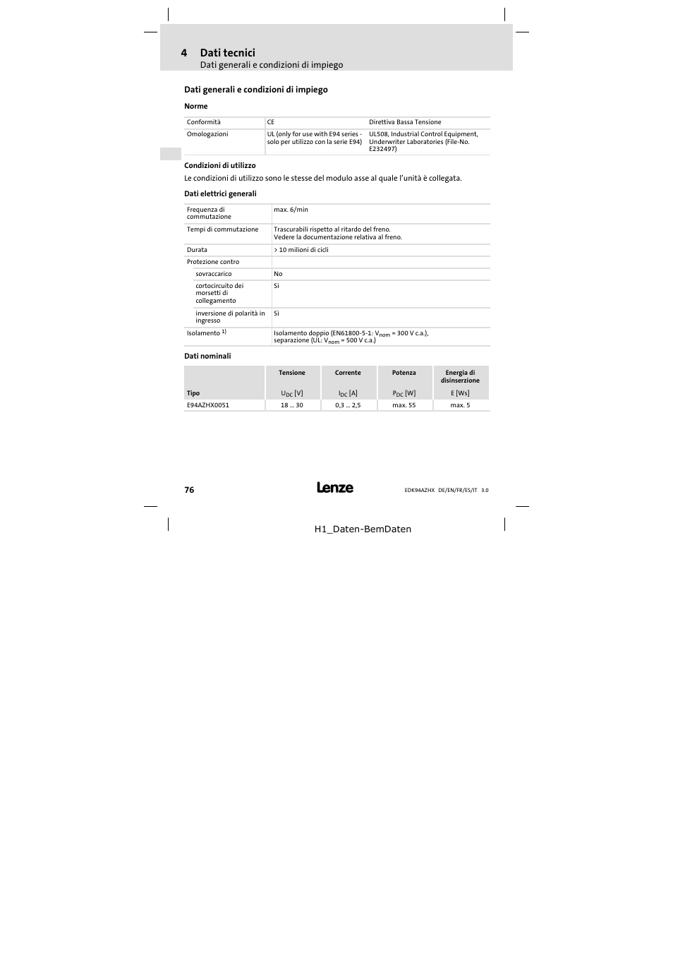 Dati tecnici, Dati generali e condizioni di impiego, 4dati tecnici | Lenze E94AZHX0051 User Manual | Page 76 / 88