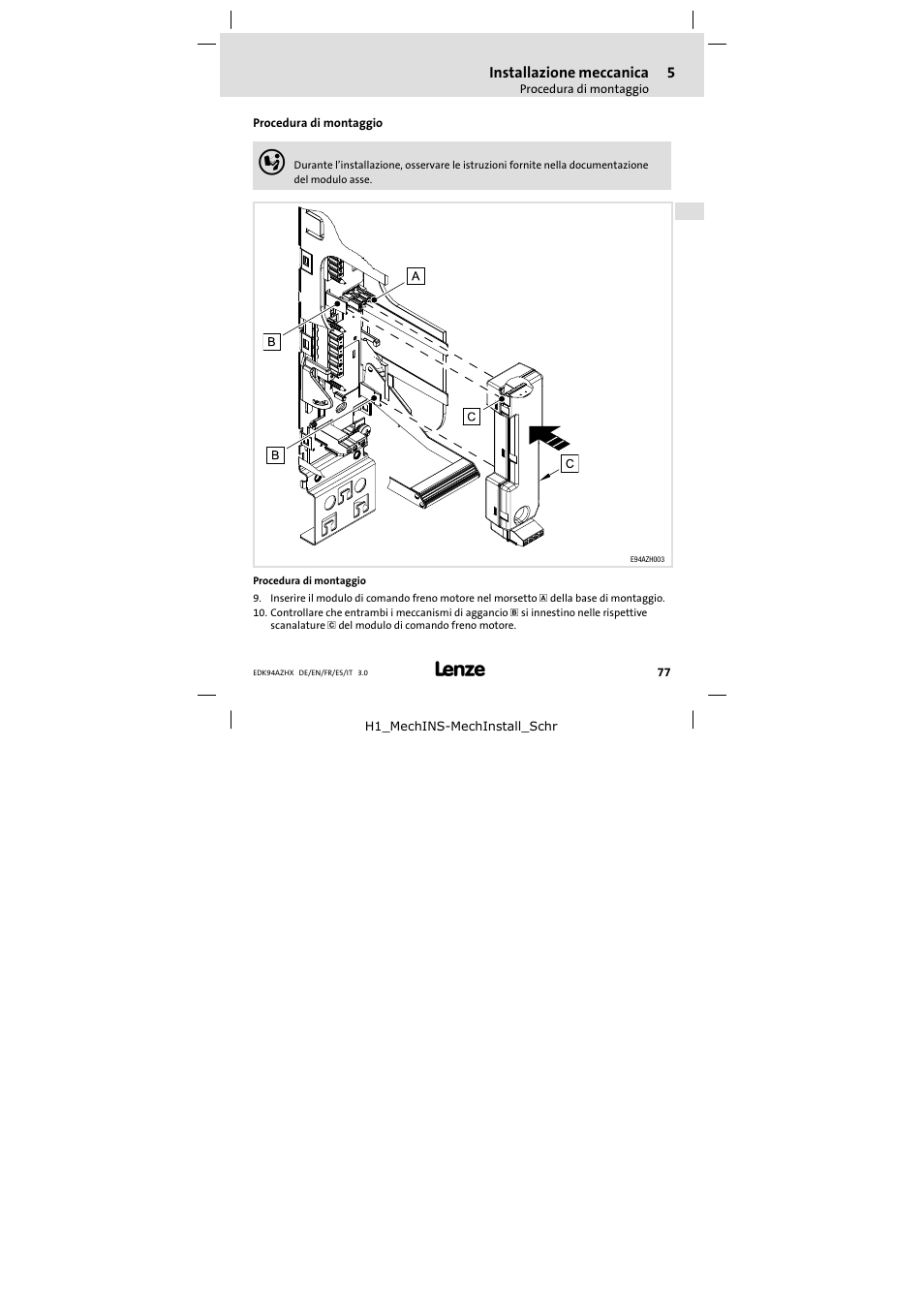 Installazione meccanica, Procedura di montaggio | Lenze E94AZHX0051 User Manual | Page 77 / 88