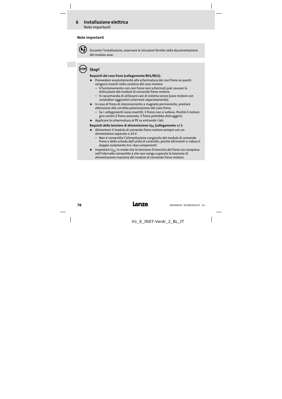 Installazione elettrica, Note importanti, 6installazione elettrica | Lenze E94AZHX0051 User Manual | Page 78 / 88