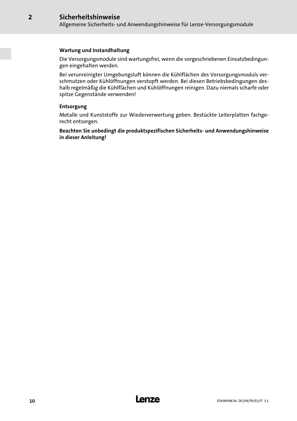 Sicherheitshinweise | Lenze E94APNE User Manual | Page 10 / 114