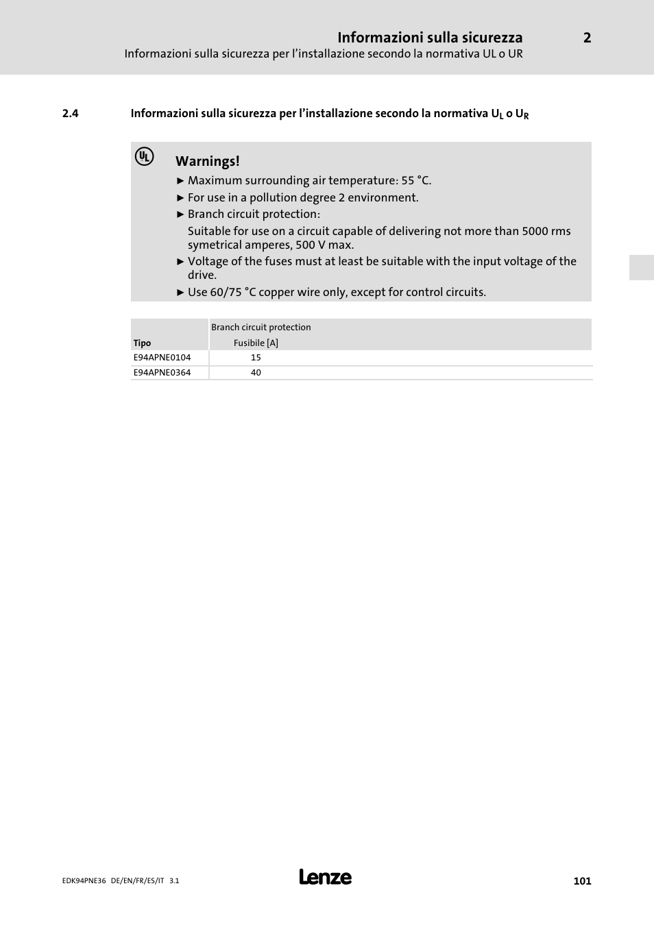 Informazioni sulla sicurezza, Warnings | Lenze E94APNE User Manual | Page 101 / 114