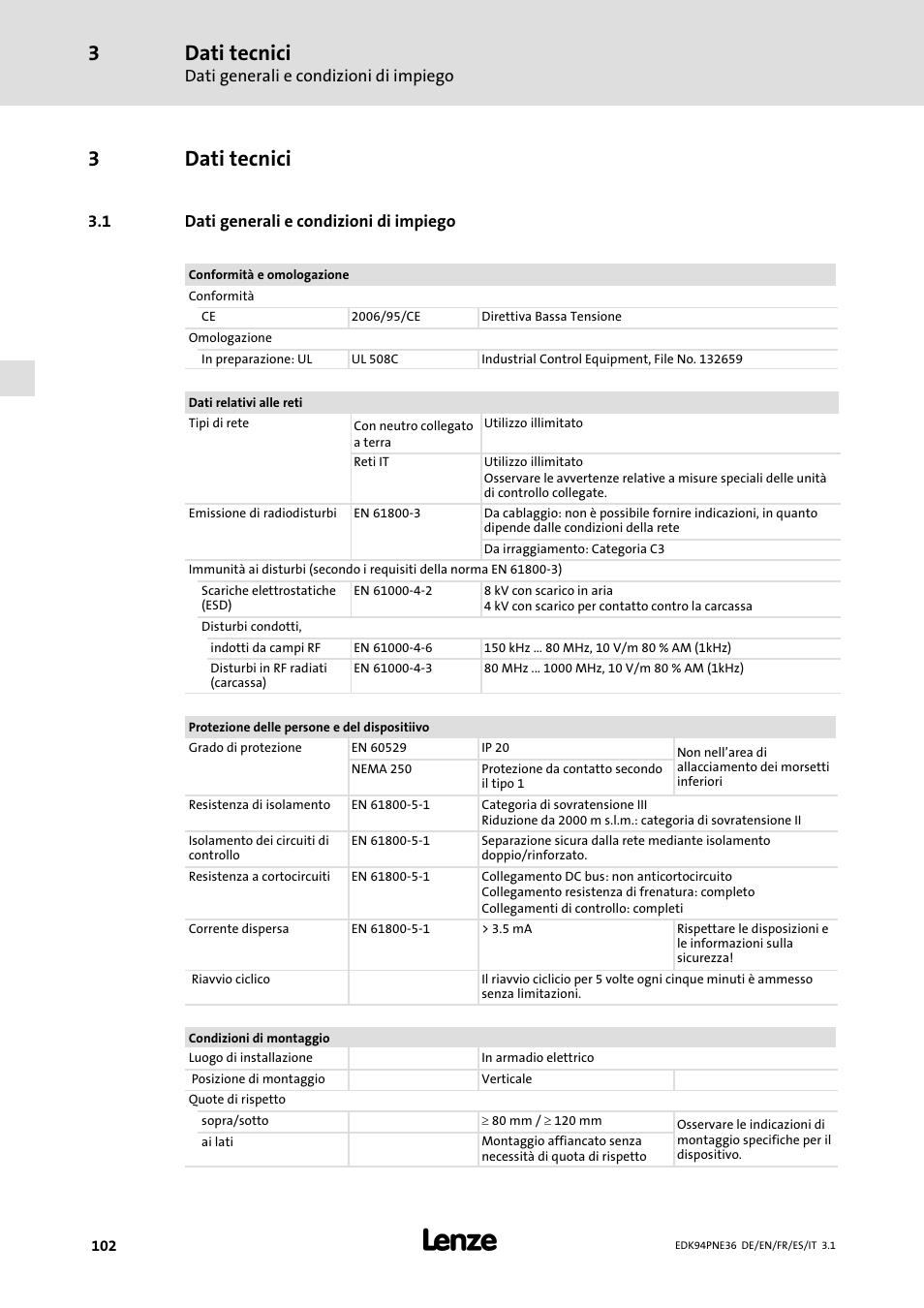 3 dati tecnici, 1 dati generali e condizioni di impiego, Dati tecnici | Dati generali e condizioni di impiego, 3dati tecnici | Lenze E94APNE User Manual | Page 102 / 114