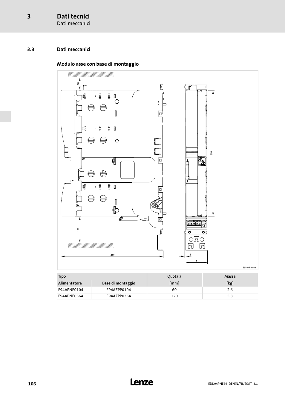3 dati meccanici, Dati meccanici, Dati tecnici | Lenze E94APNE User Manual | Page 106 / 114