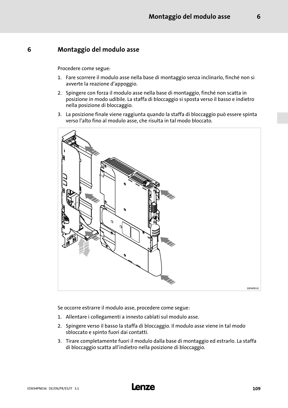 6 montaggio del modulo asse, Montaggio del modulo asse, Montaggio del modulo asse 6 | 6montaggio del modulo asse | Lenze E94APNE User Manual | Page 109 / 114