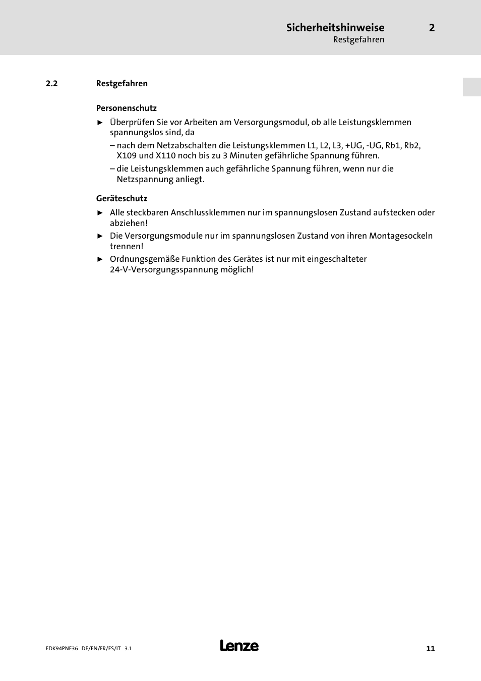 2 restgefahren, Restgefahren, Sicherheitshinweise | Lenze E94APNE User Manual | Page 11 / 114