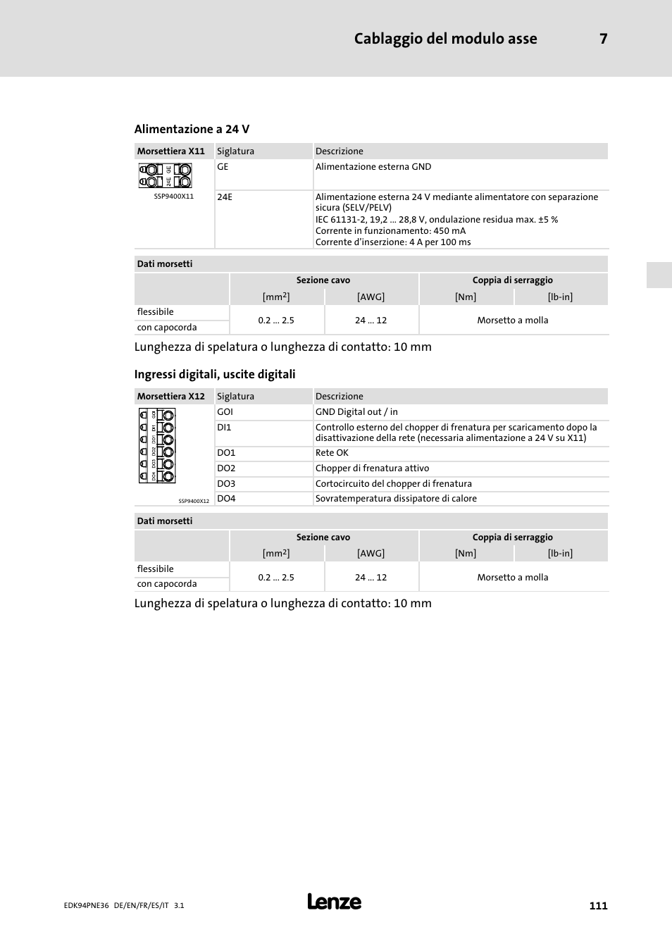 Cablaggio del modulo asse 7, Alimentazione a 24 v | Lenze E94APNE User Manual | Page 111 / 114