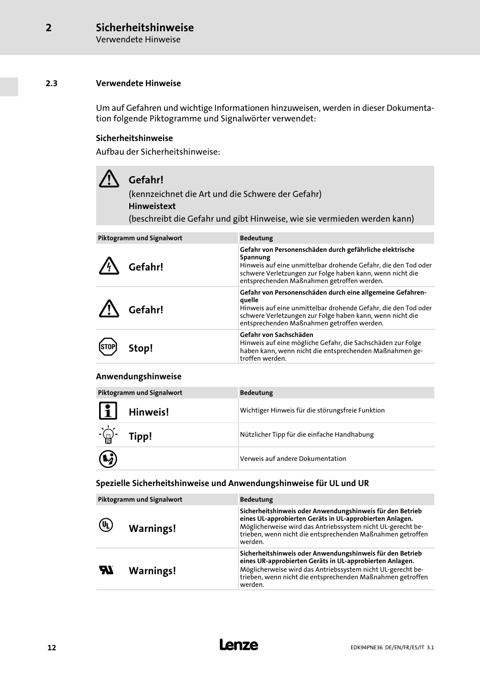 3 verwendete hinweise, Verwendete hinweise | Lenze E94APNE User Manual | Page 12 / 114