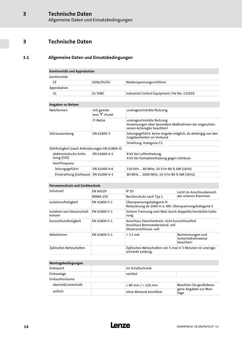 3 technische daten, 1 allgemeine daten und einsatzbedingungen, Technische daten | Allgemeine daten und einsatzbedingungen, Ab seite 14, 3technische daten | Lenze E94APNE User Manual | Page 14 / 114