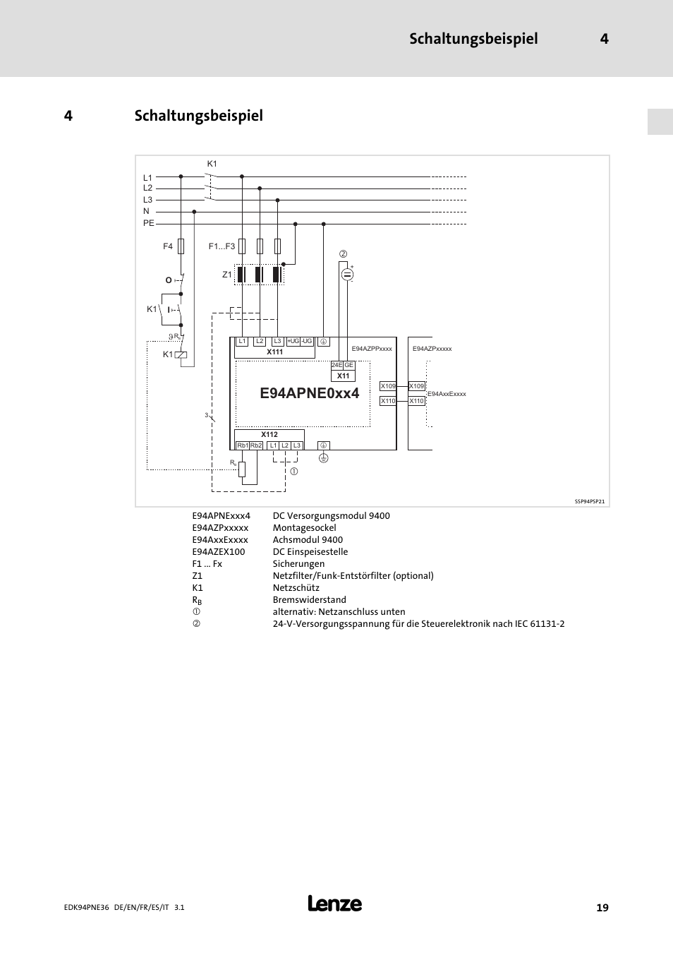 4 schaltungsbeispiel, Schaltungsbeispiel, Schaltungsbeispiel 4 | 4schaltungsbeispiel, E94apne0xx4 | Lenze E94APNE User Manual | Page 19 / 114