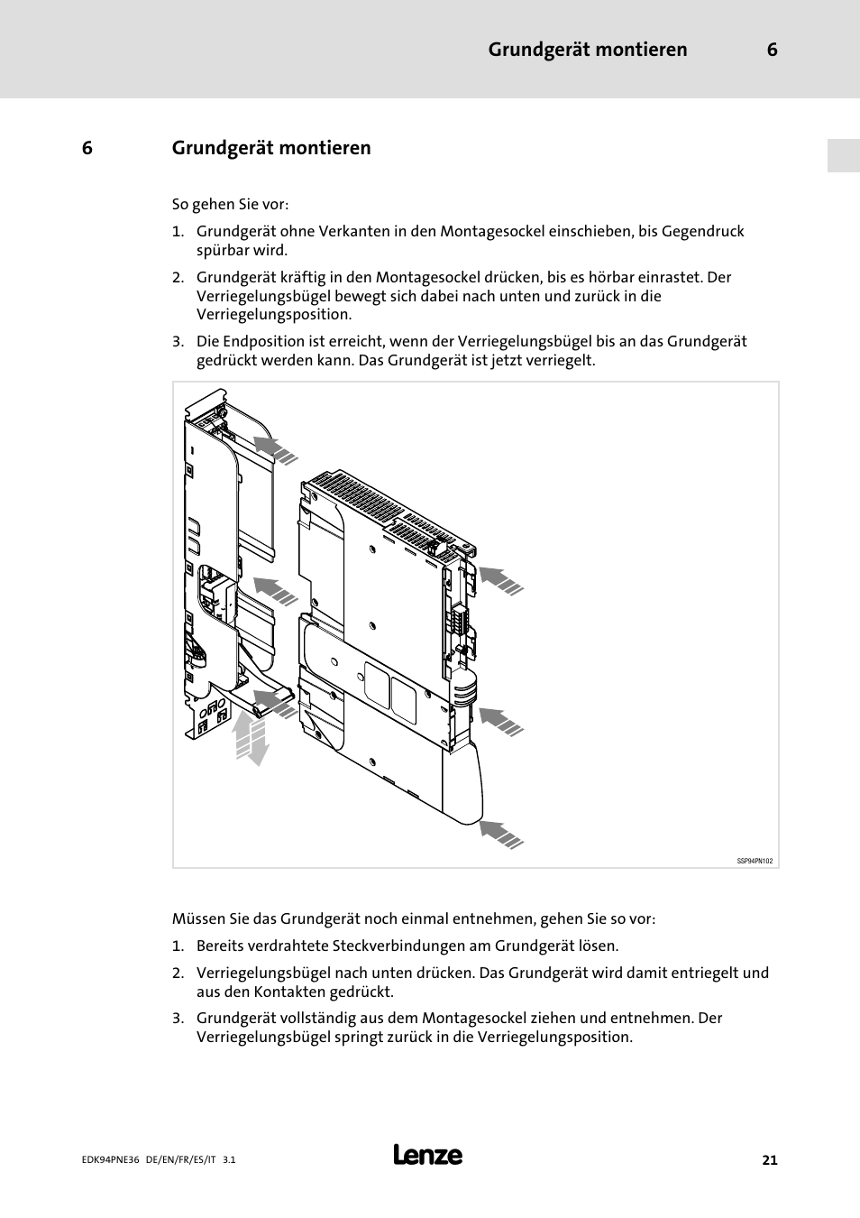 6 grundgerät montieren, Grundgerät montieren, Ab seite 21 | Grundgerät montieren 6, 6grundgerät montieren | Lenze E94APNE User Manual | Page 21 / 114