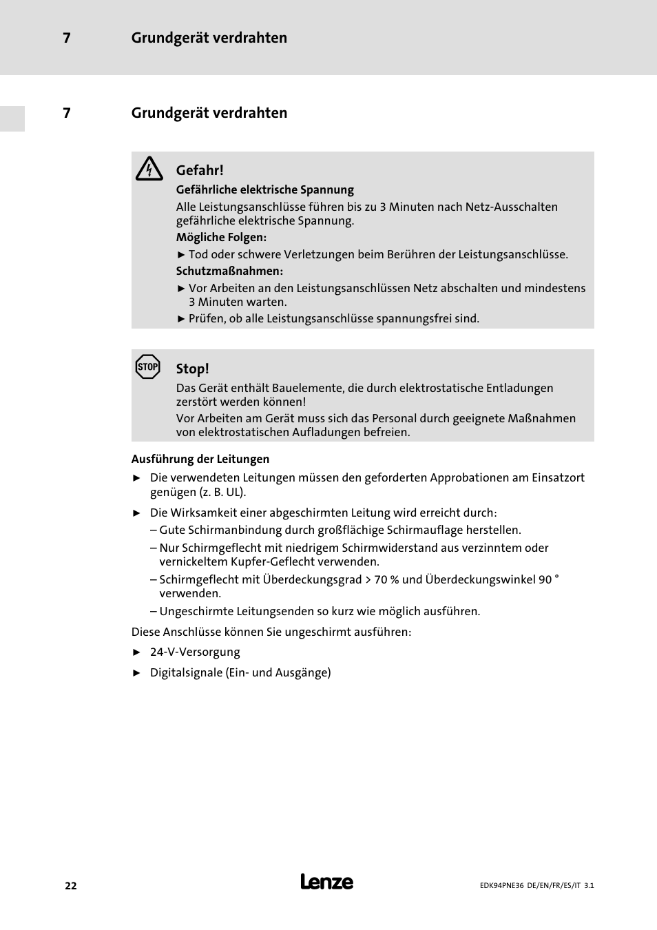 7 grundgerät verdrahten, Grundgerät verdrahten, Ab seite 22 | Grundgerät verdrahten 7, 7grundgerät verdrahten | Lenze E94APNE User Manual | Page 22 / 114