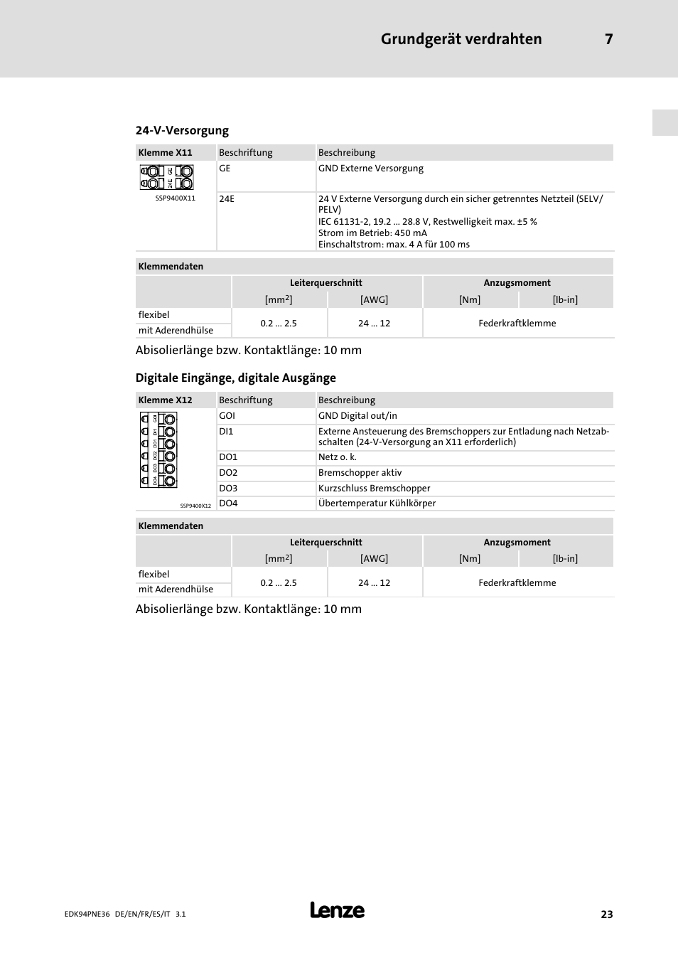 Grundgerät verdrahten 7, 24−v−versorgung, Abisolierlänge bzw. kontaktlänge: 10 mm | Lenze E94APNE User Manual | Page 23 / 114