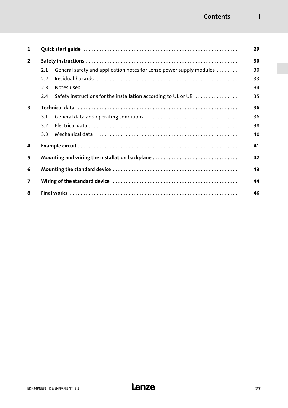 Lenze E94APNE User Manual | Page 27 / 114