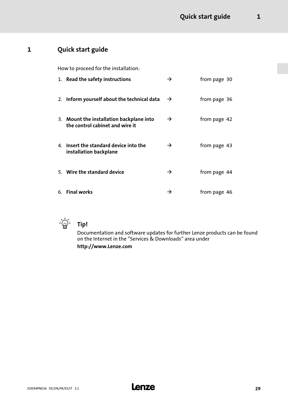 1 quick start guide, Quick start guide | Lenze E94APNE User Manual | Page 29 / 114