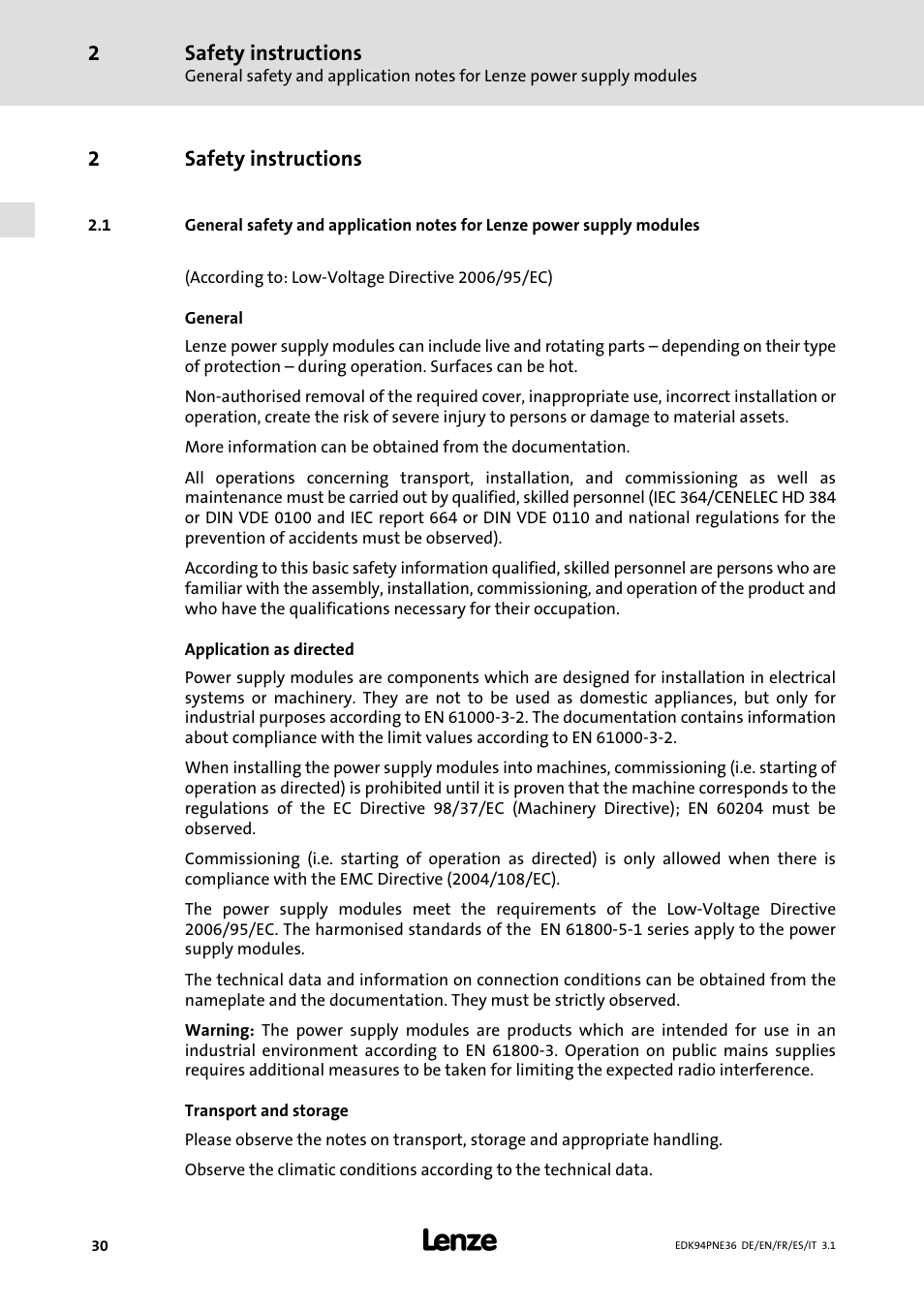 2 safety instructions, Safety instructions, 2safety instructions | Lenze E94APNE User Manual | Page 30 / 114