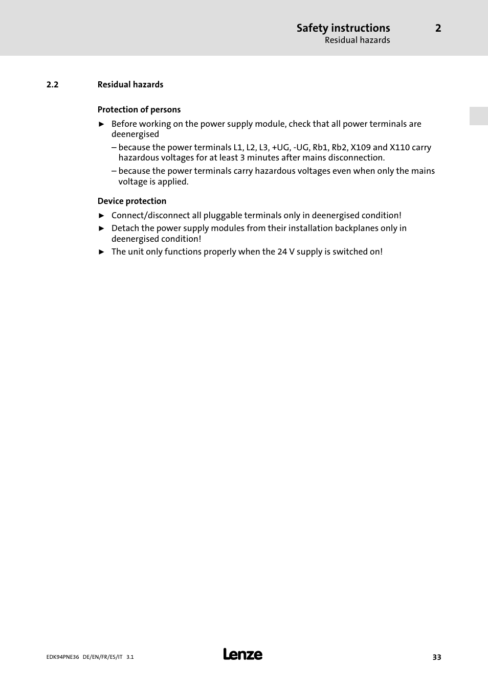2 residual hazards, Residual hazards, Safety instructions | Lenze E94APNE User Manual | Page 33 / 114