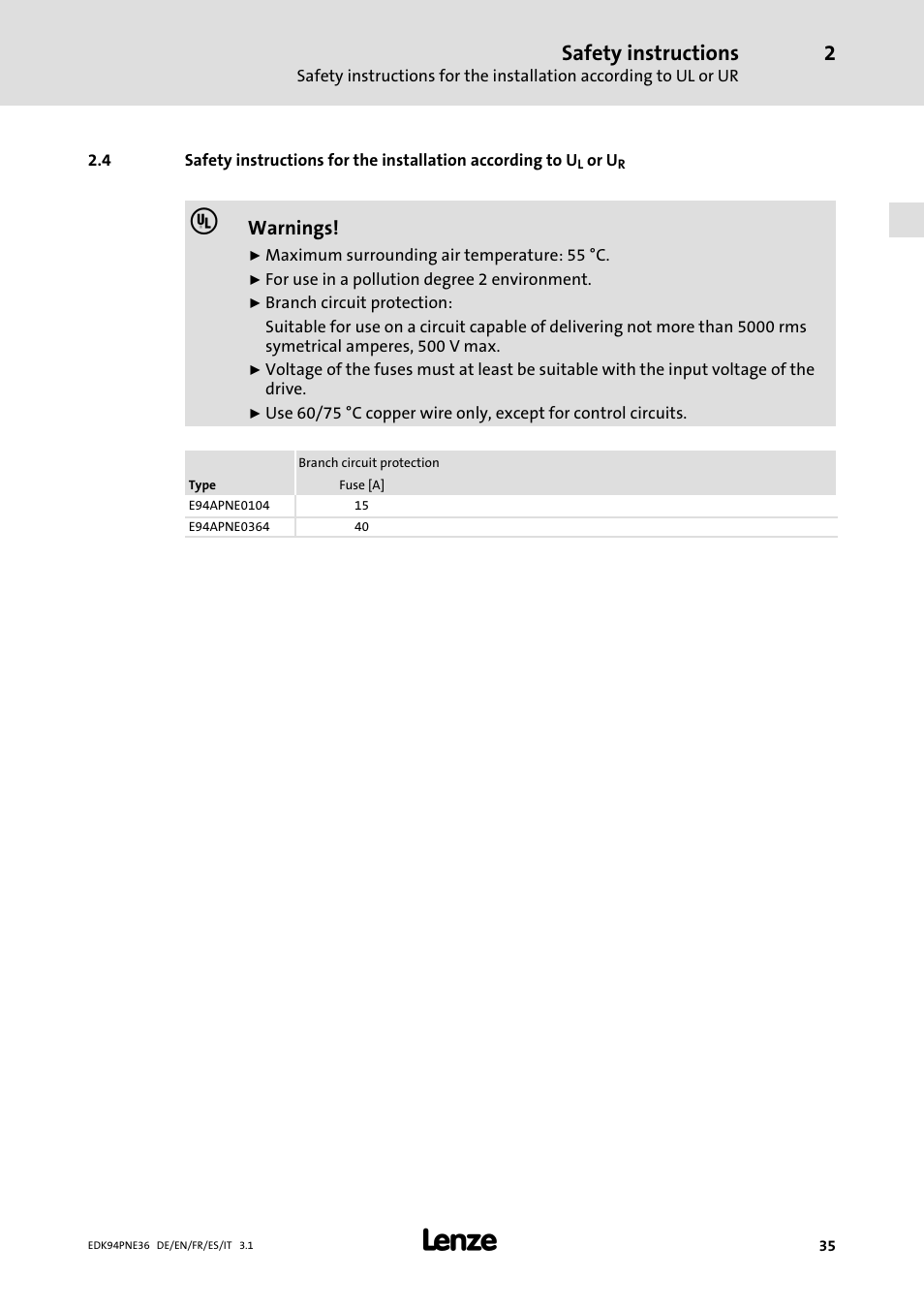 Safety instructions, Warnings | Lenze E94APNE User Manual | Page 35 / 114