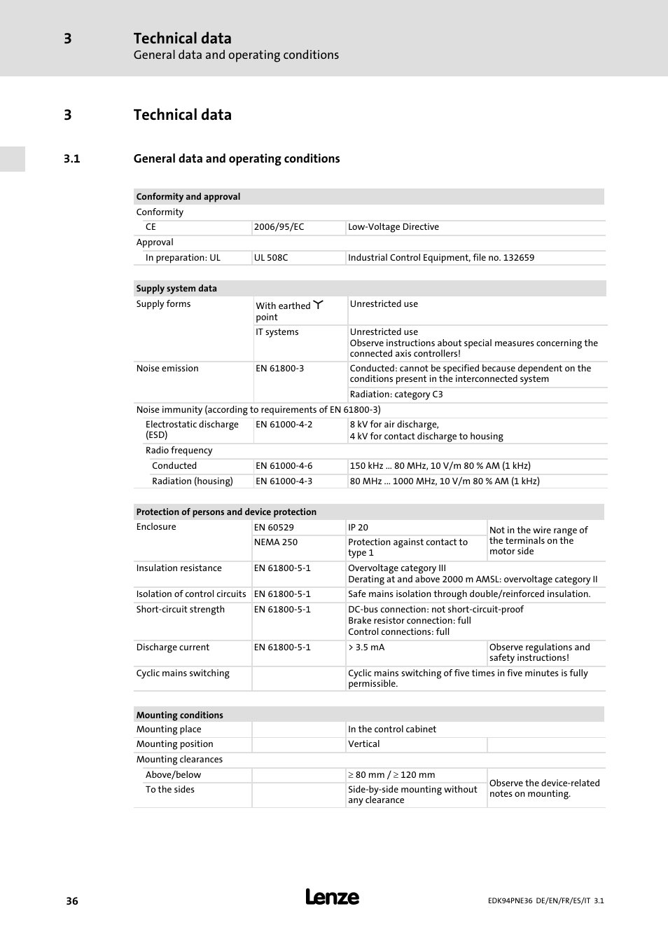 3 technical data, 1 general data and operating conditions, Technical data | General data and operating conditions, 3technical data | Lenze E94APNE User Manual | Page 36 / 114