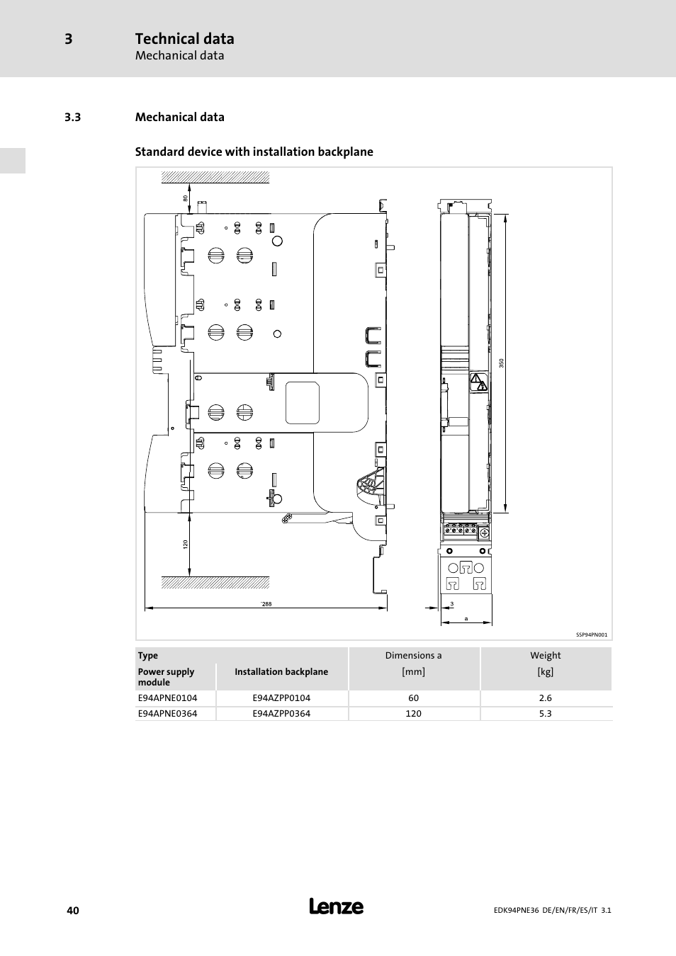 3 mechanical data, Mechanical data, Technical data | Lenze E94APNE User Manual | Page 40 / 114