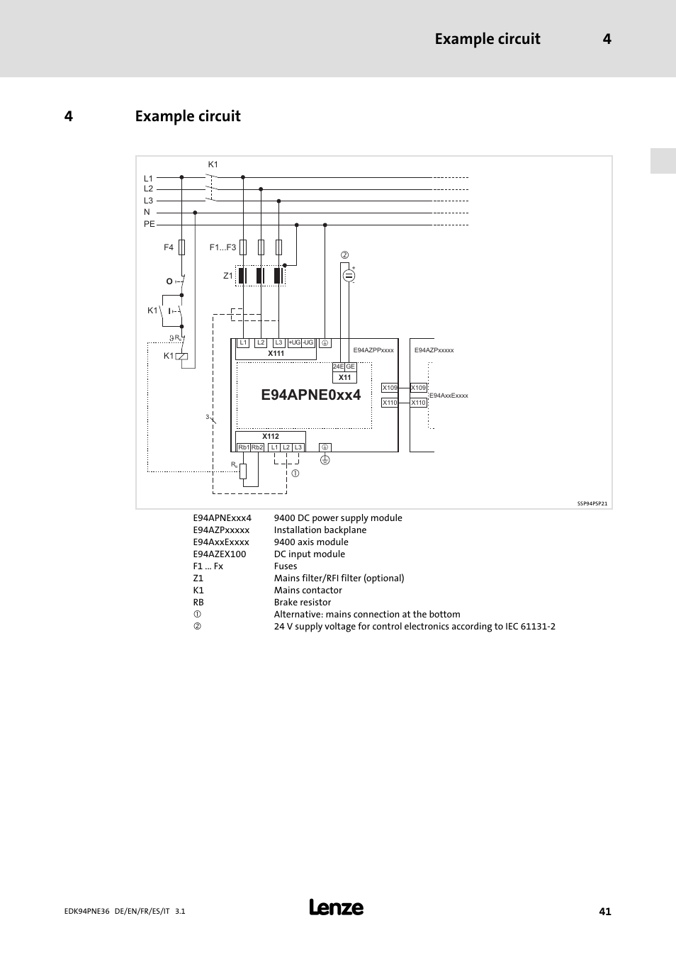4 example circuit, Example circuit, Example circuit 4 | 4example circuit, E94apne0xx4 | Lenze E94APNE User Manual | Page 41 / 114