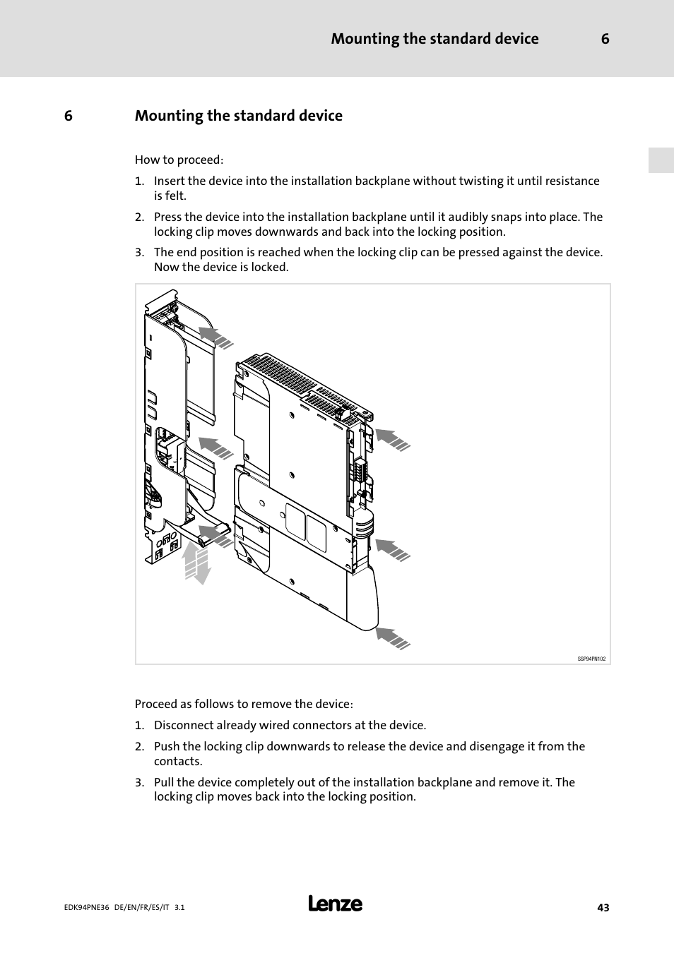 6 mounting the standard device, Mounting the standard device, Mounting the standard device 6 | 6mounting the standard device | Lenze E94APNE User Manual | Page 43 / 114