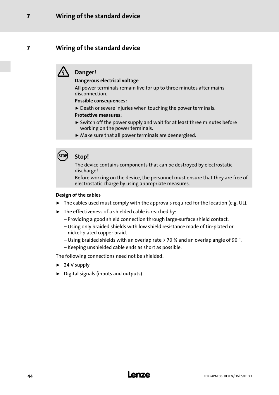 7 wiring of the standard device, Wiring of the standard device | Lenze E94APNE User Manual | Page 44 / 114