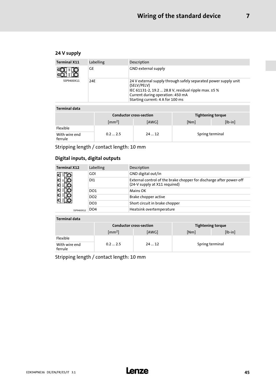 Wiring of the standard device 7, 24 v supply, Stripping length / contact length: 10 mm | Lenze E94APNE User Manual | Page 45 / 114