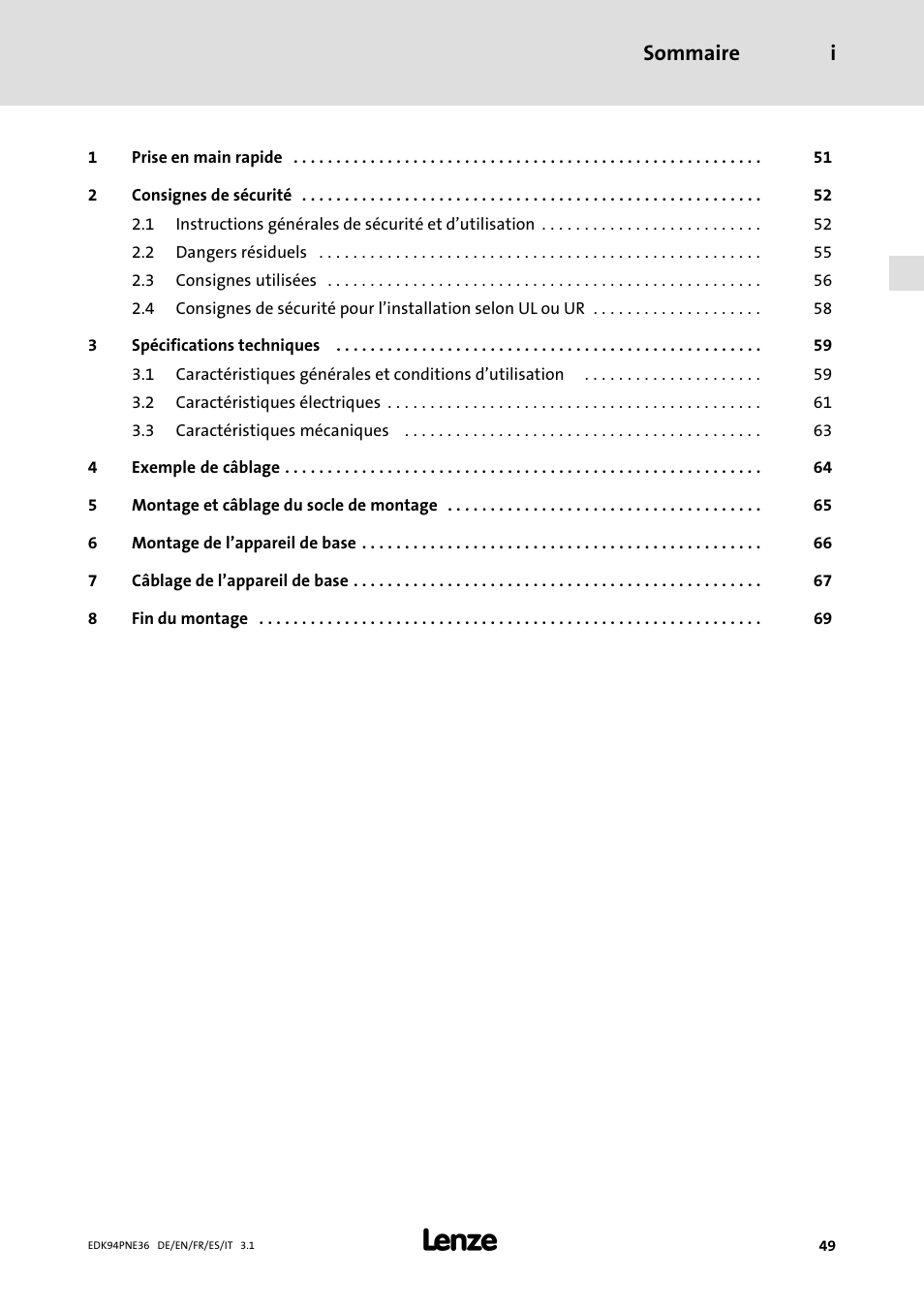 Sommaire, Sommaire i | Lenze E94APNE User Manual | Page 49 / 114