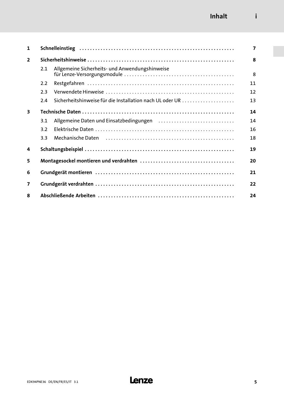 Inhalt, Inhalt i | Lenze E94APNE User Manual | Page 5 / 114