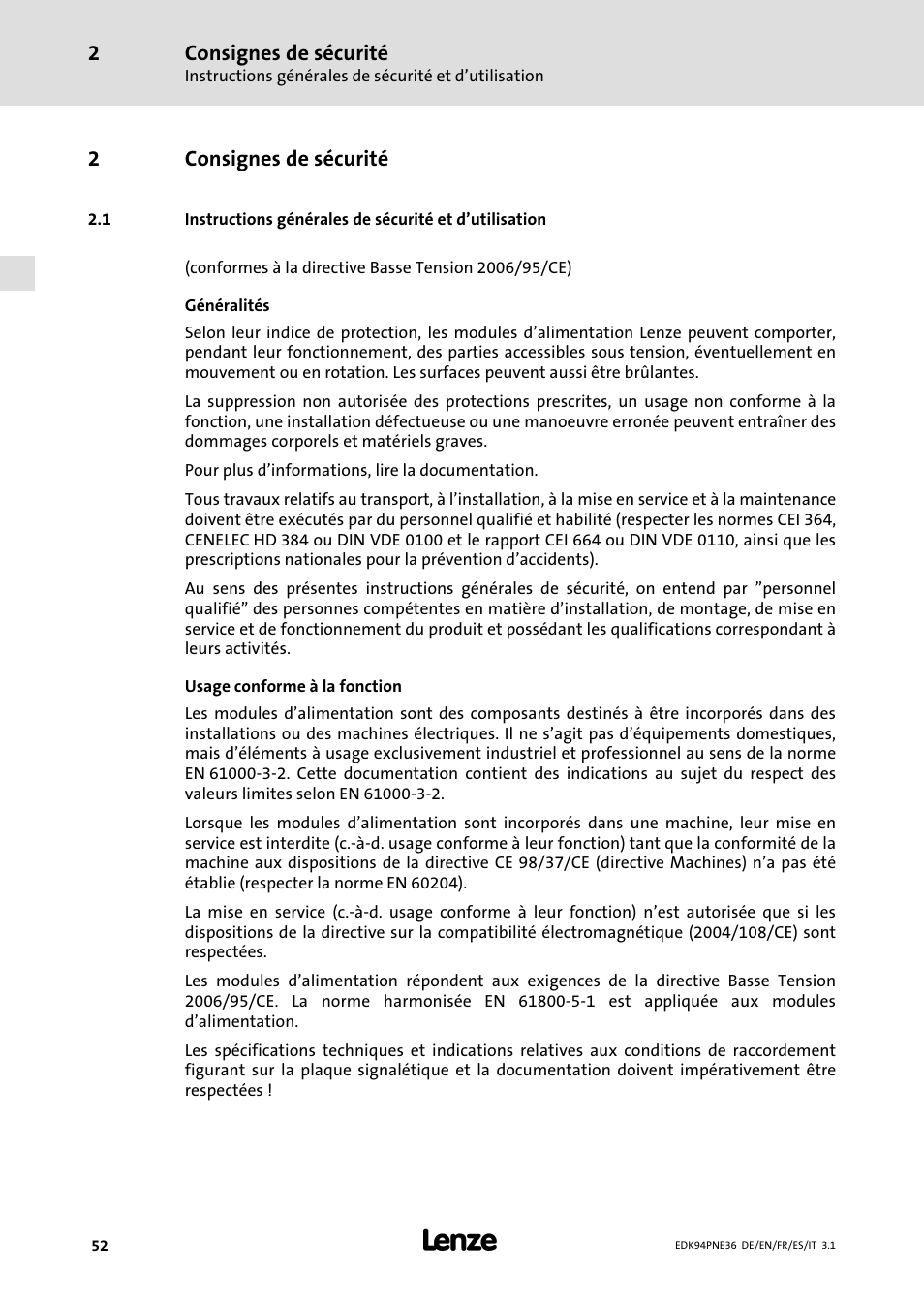 2 consignes de sécurité, Consignes de sécurité, 2consignes de sécurité | Lenze E94APNE User Manual | Page 52 / 114