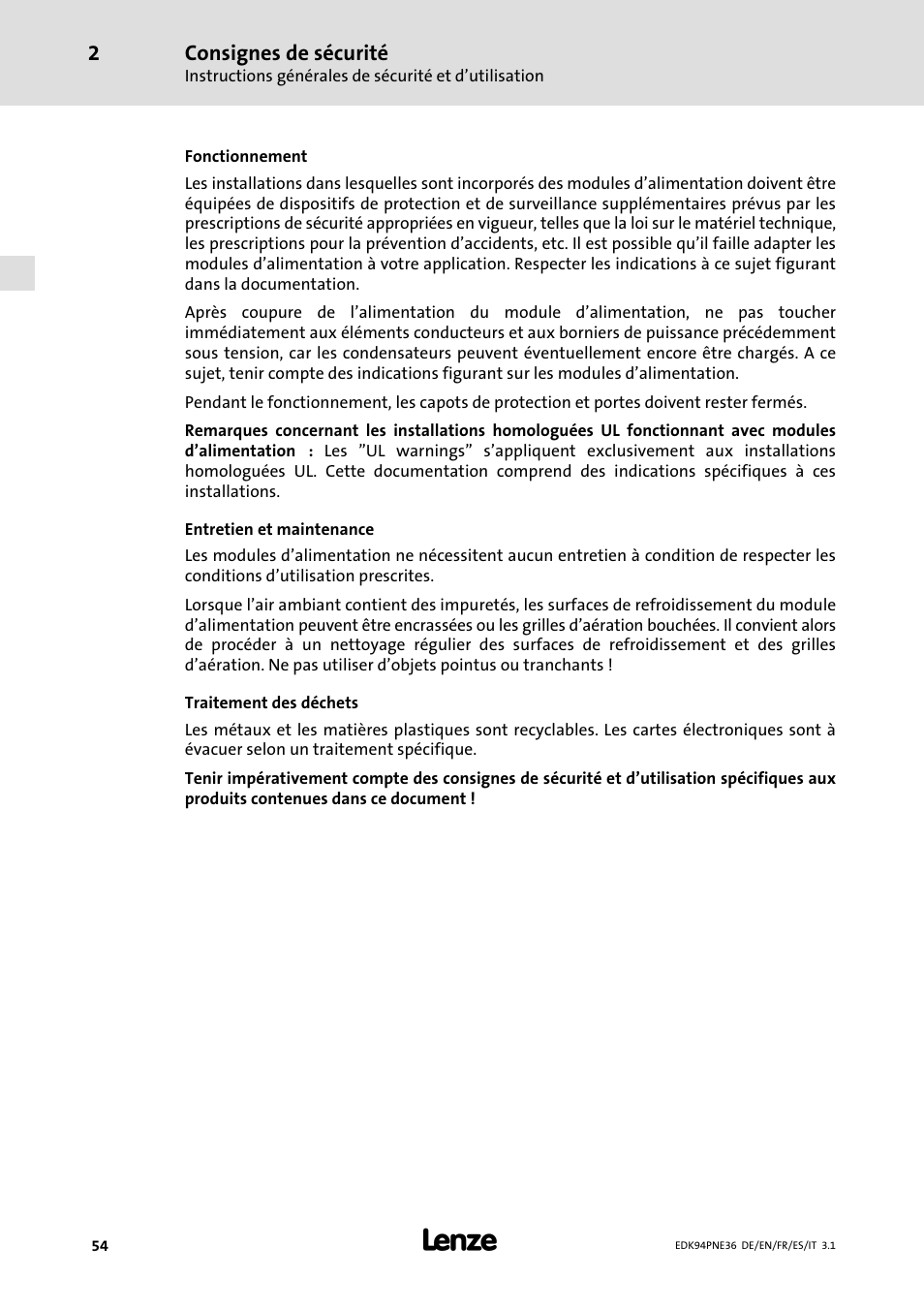 Consignes de sécurité | Lenze E94APNE User Manual | Page 54 / 114