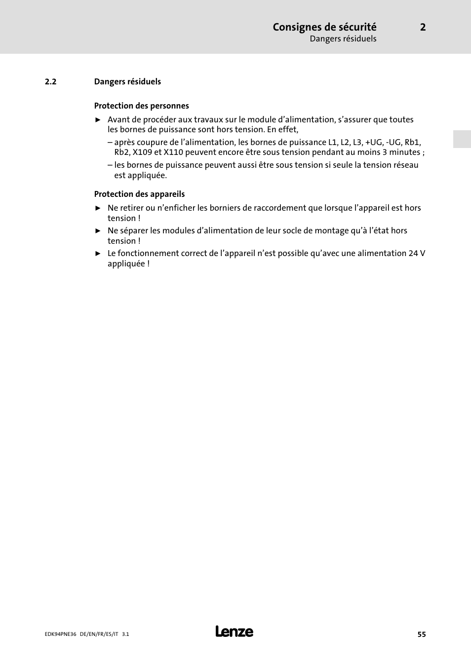 2 dangers résiduels, Dangers résiduels, Consignes de sécurité | Lenze E94APNE User Manual | Page 55 / 114
