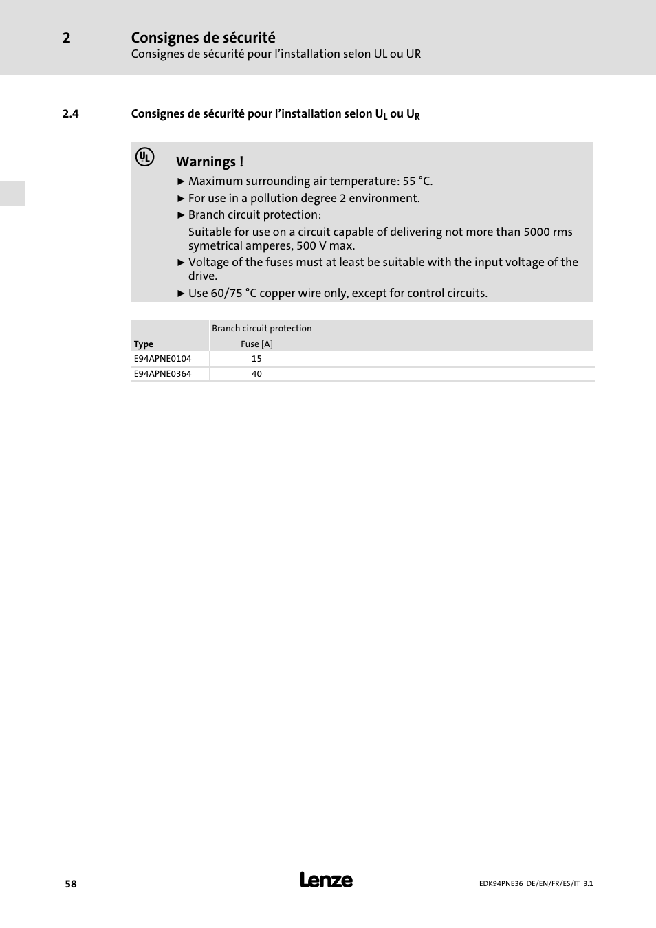 Consignes de sécurité, Warnings | Lenze E94APNE User Manual | Page 58 / 114