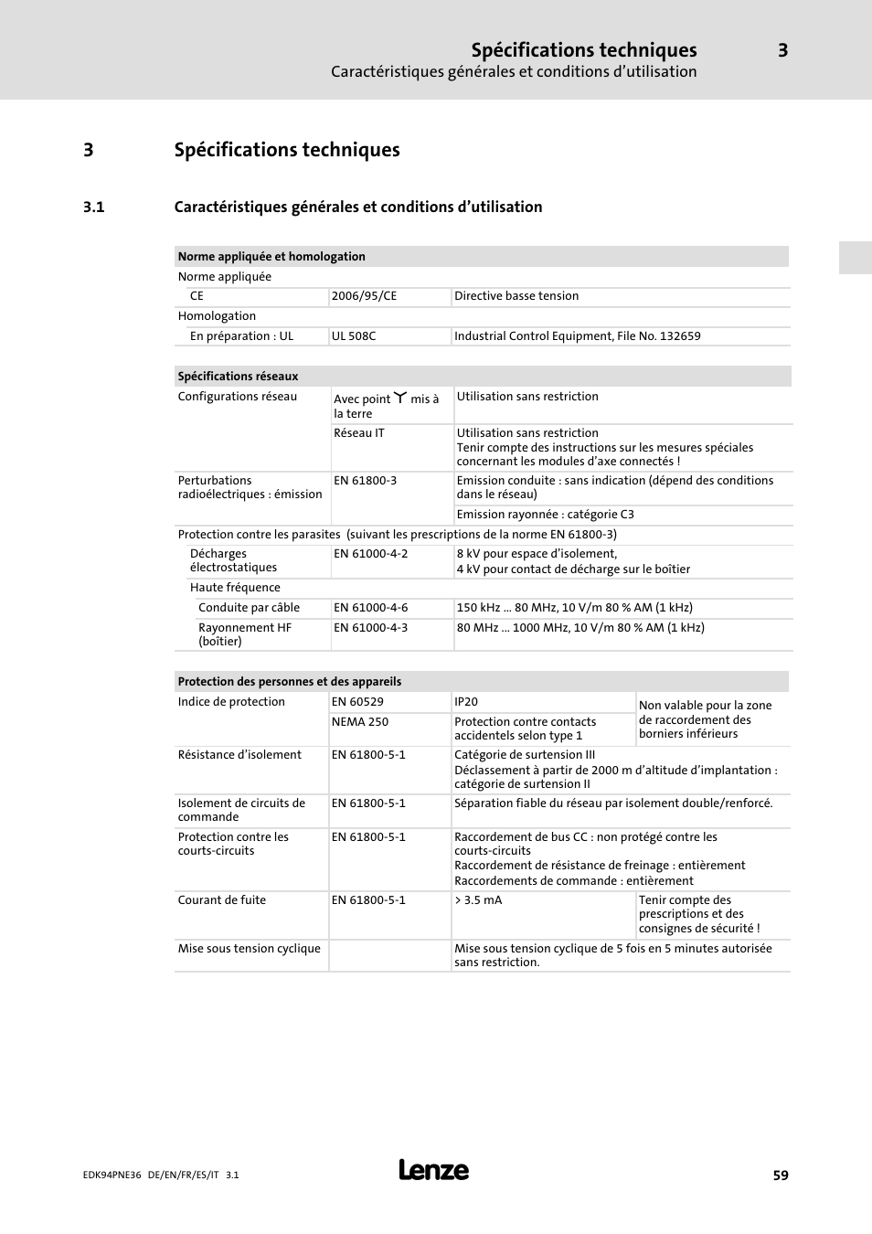 3 spécifications techniques, Spécifications techniques, 3spécifications techniques | Lenze E94APNE User Manual | Page 59 / 114