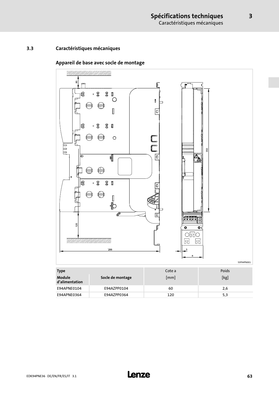 3 caractéristiques mécaniques, Caractéristiques mécaniques, Spécifications techniques | Lenze E94APNE User Manual | Page 63 / 114