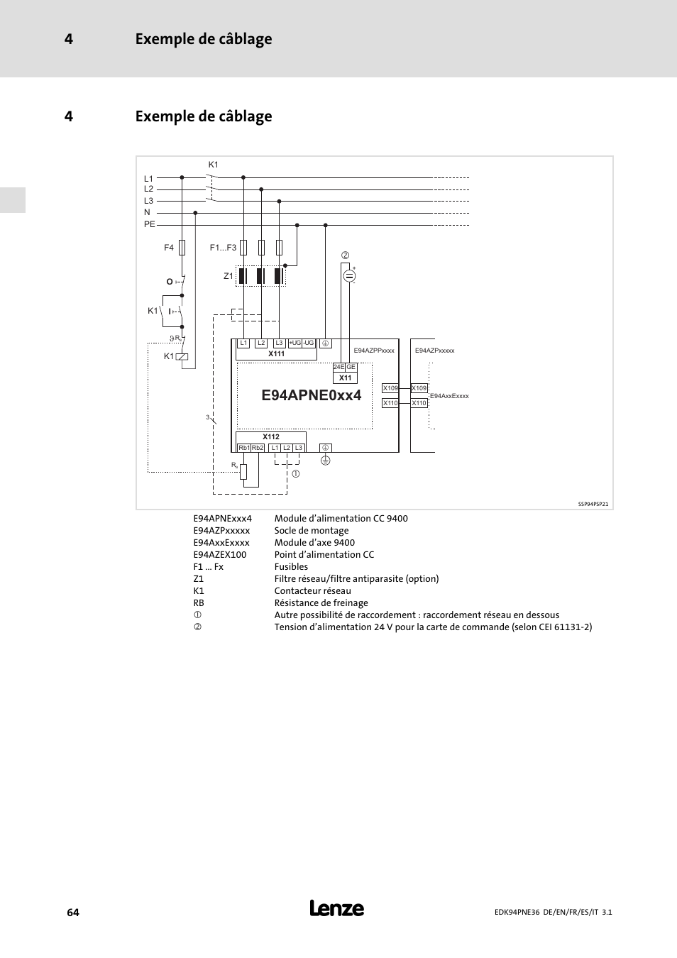 4 exemple de câblage, Exemple de câblage, Exemple de câblage 4 | 4exemple de câblage, E94apne0xx4 | Lenze E94APNE User Manual | Page 64 / 114