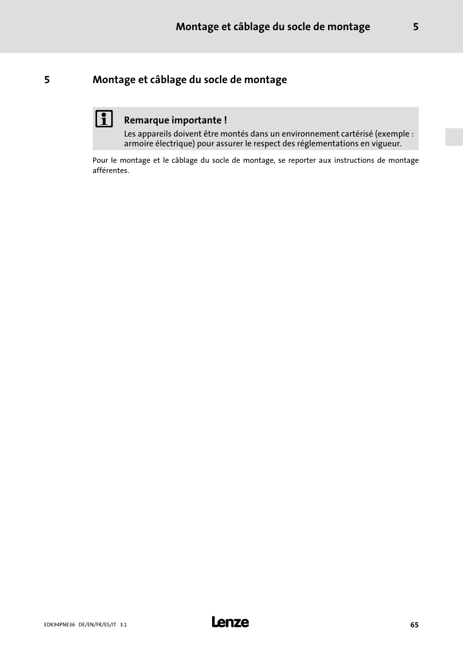 5 montage et câblage du socle de montage, Montage et câblage du socle de montage | Lenze E94APNE User Manual | Page 65 / 114