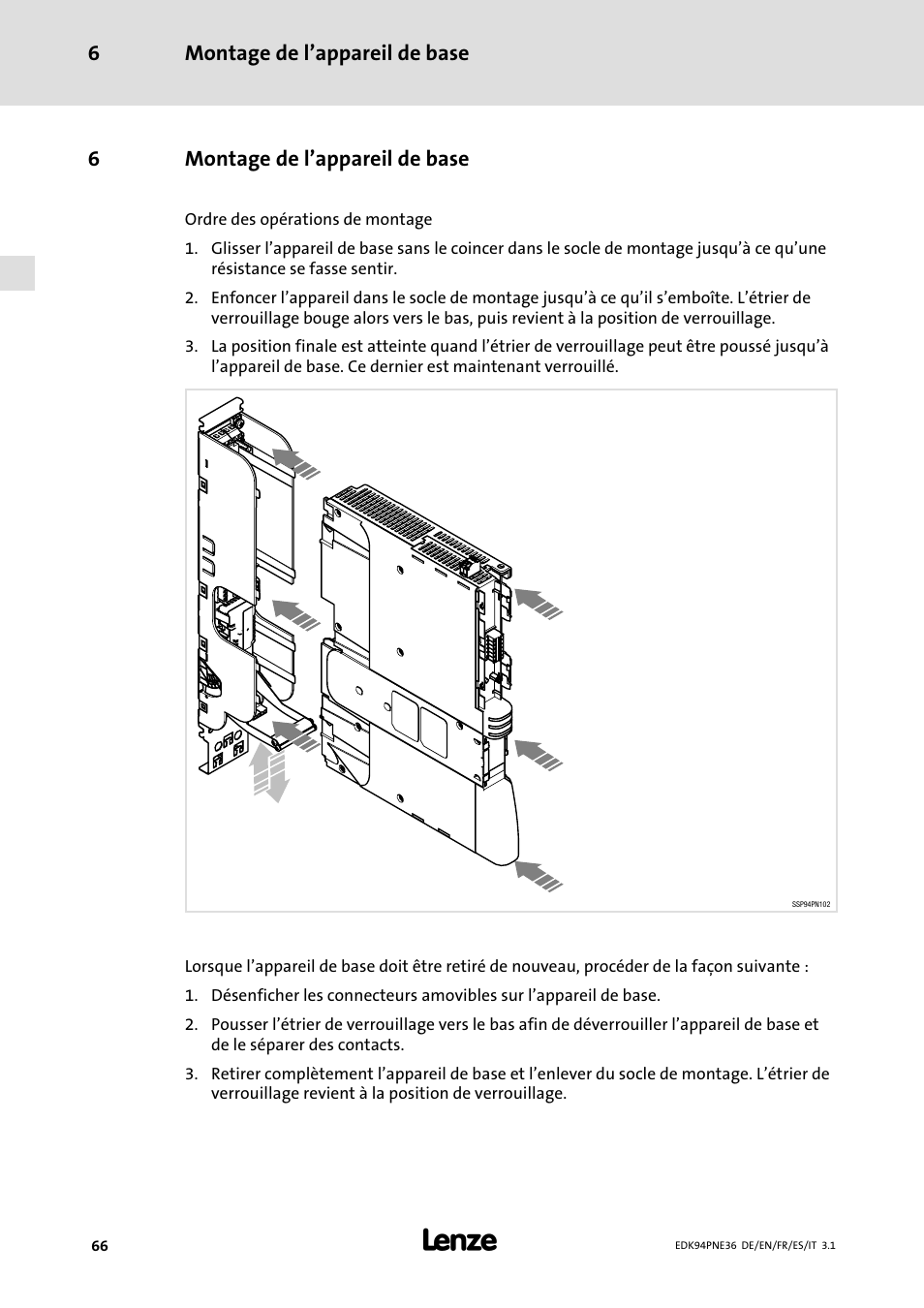 6 montage de l'appareil de base, Montage de l’appareil de base, Montage de l’appareil de base 6 | 6montage de l’appareil de base | Lenze E94APNE User Manual | Page 66 / 114